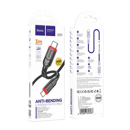 USB-C adat- és töltőkábel - USB-C HOCO X59 Victory, 60W, 3m, Fekete
