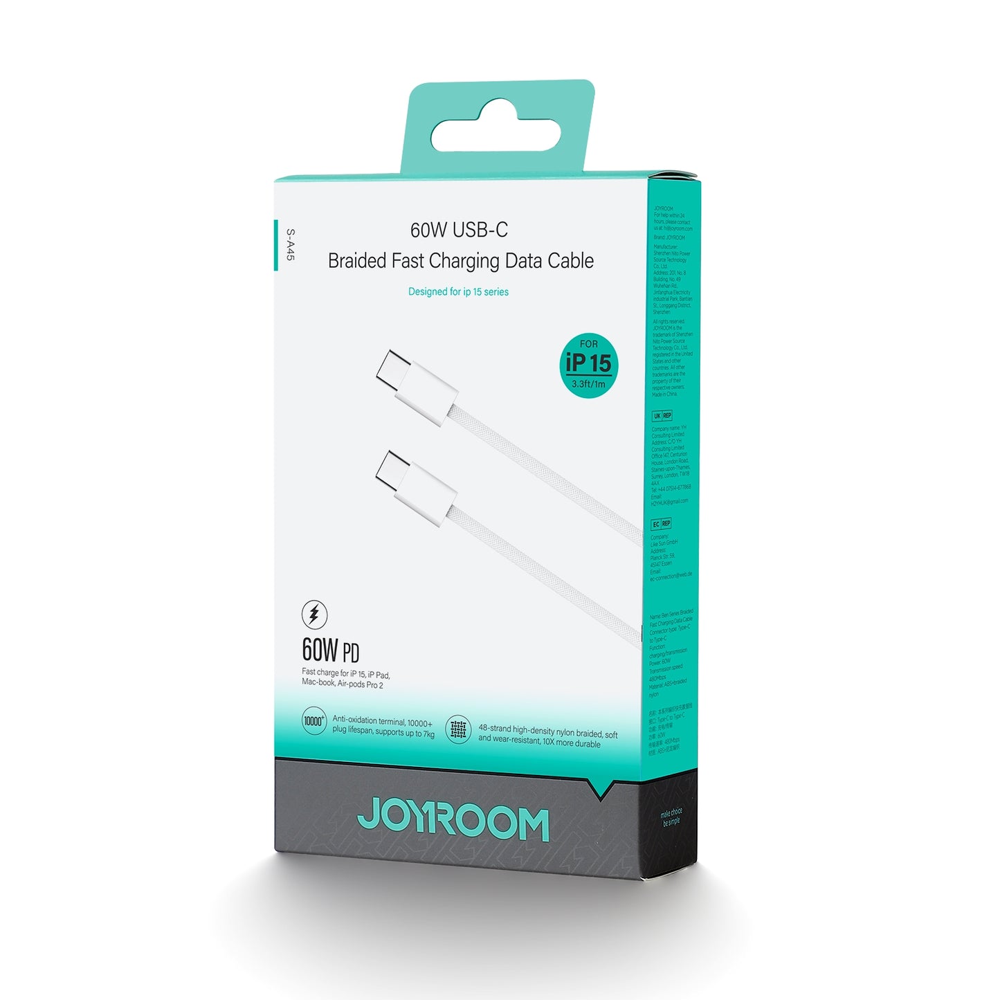 USB-C adat- és töltőkábel - USB-C Joyroom S-A45, 60W, 1m, fehér 