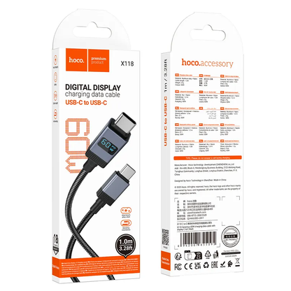 USB-C - USB-C HOCO X118 Display adat- és töltőkábel, 60W, 1m, Fekete
