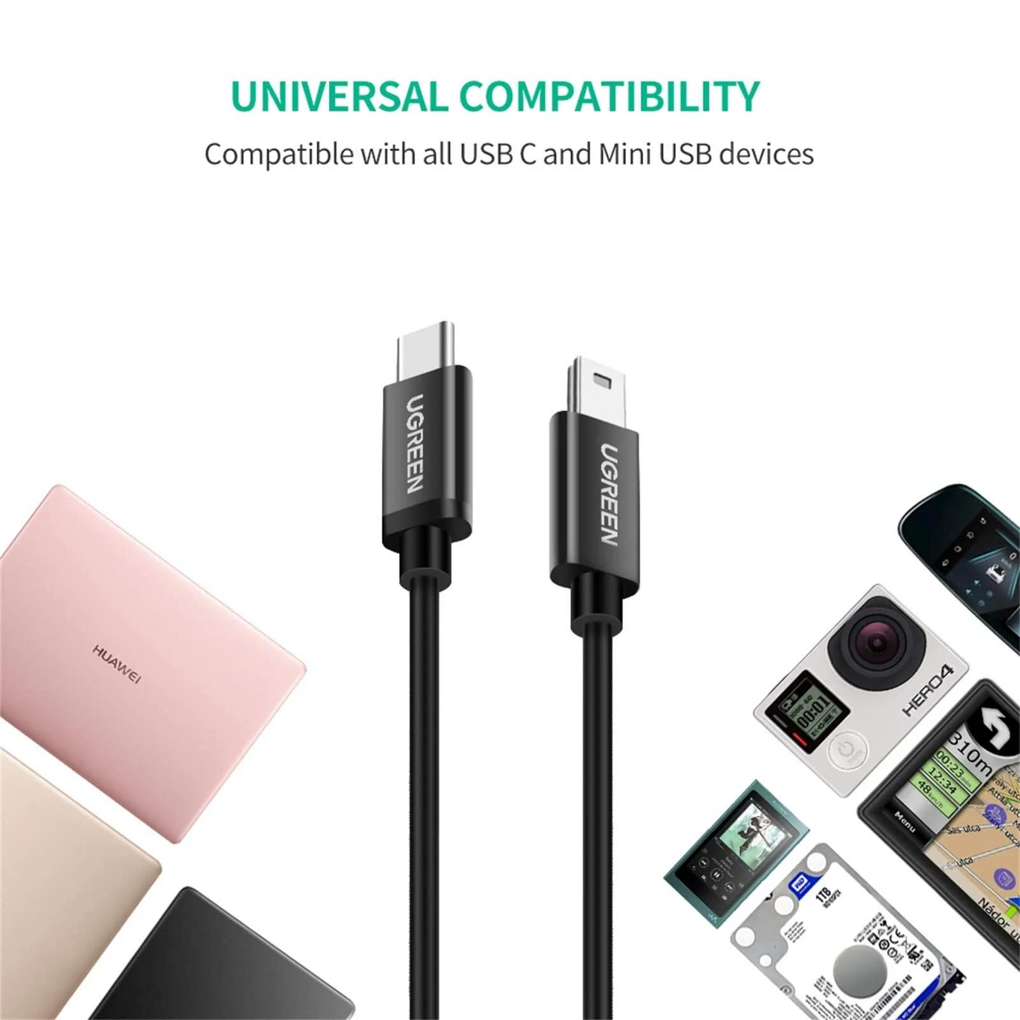 USB-C - miniUSB UGREEN US242 adat- és töltőkábel, 18W, 1m, Fekete