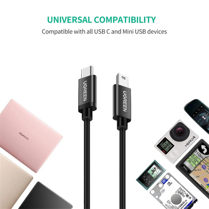 USB-C - miniUSB UGREEN US242 adat- és töltőkábel, 18W, 1m, Fekete