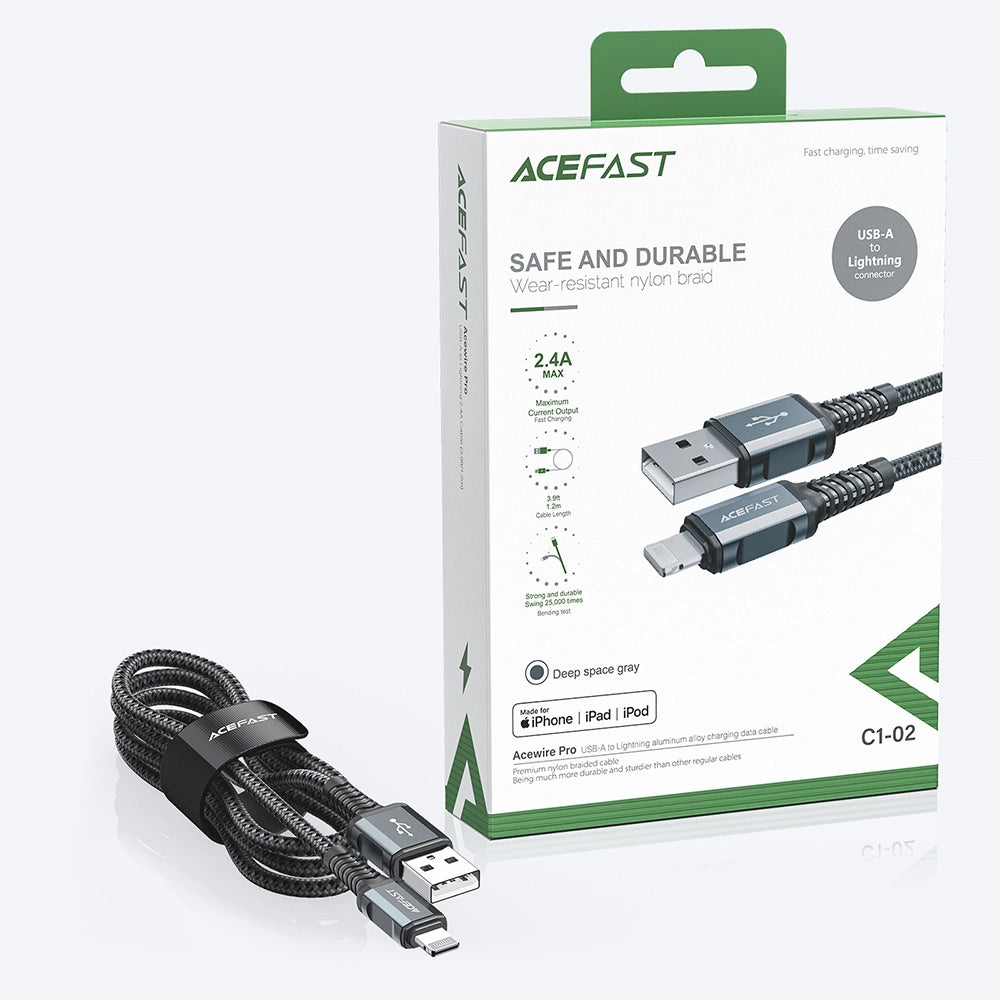 USB-A - Lightning Acefast C1-02 adat- és töltőkábel, 18W, 1.2m, Fekete