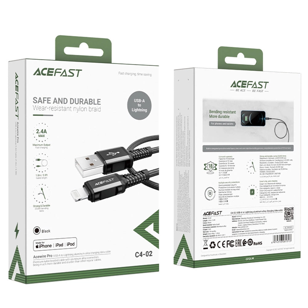 USB-A - Lightning Acefast C4-02 adat- és töltőkábel, 18W, 1.8m, Fekete