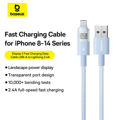 USB-A - Lightning Baseus Display 2 adat- és töltőkábel, 12W, 2m, kék P10382700311-01