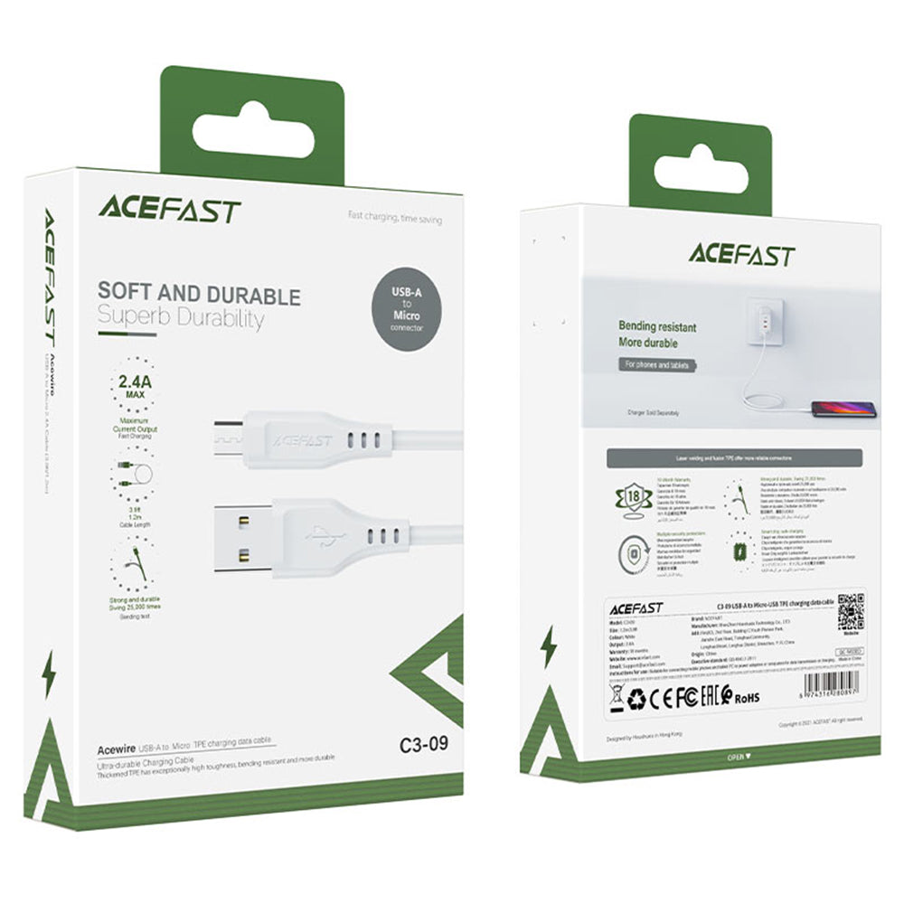 USB-A - microUSB adat- és töltőkábel Acefast C3-09, 18W, 1.2m, Fehér