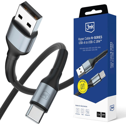 USB-A to USB-C Data and Charging Cable 3MK Hyper N, 18W, 2m, Black