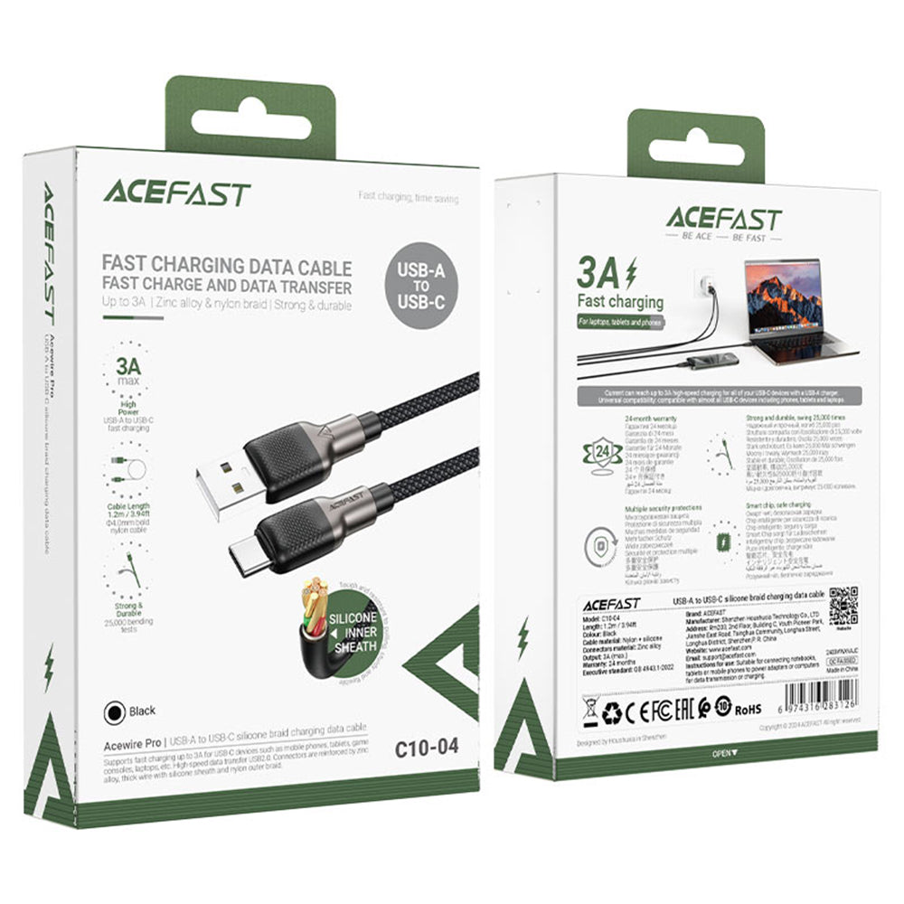 USB-A - USB-C Acefast C10-04 adat- és töltőkábel, 18W, 1.2m, Fekete