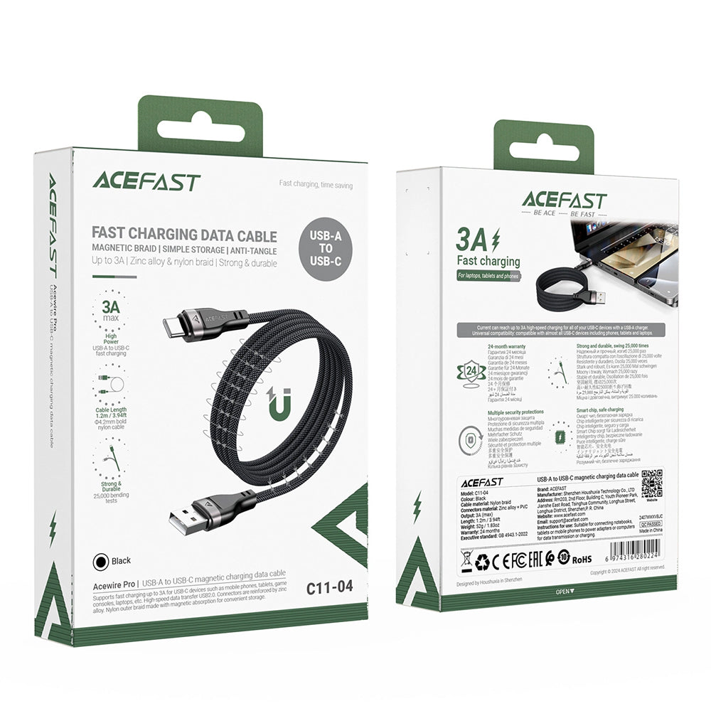 USB-A - USB-C Acefast C11-04 adat- és töltőkábel, 18W, 1.2m, Fekete
