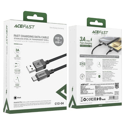 USB-A - USB-C Acefast C12-04 adat- és töltőkábel, 18W, 1,2m, Fekete