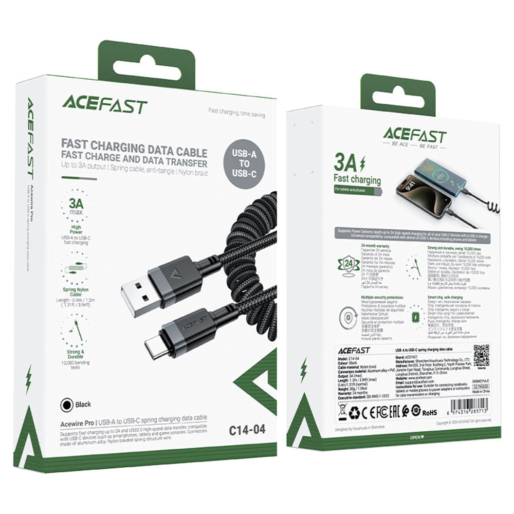 USB-A - USB-C Acefast C14-04 adat- és töltőkábel, 18W, 1,2m, Fekete