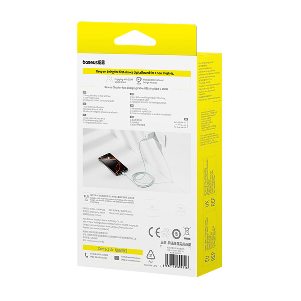 USB-A - USB-C Baseus Discolor adat- és töltőkábel, 100W, 1m, Kék-Zöld E0420801