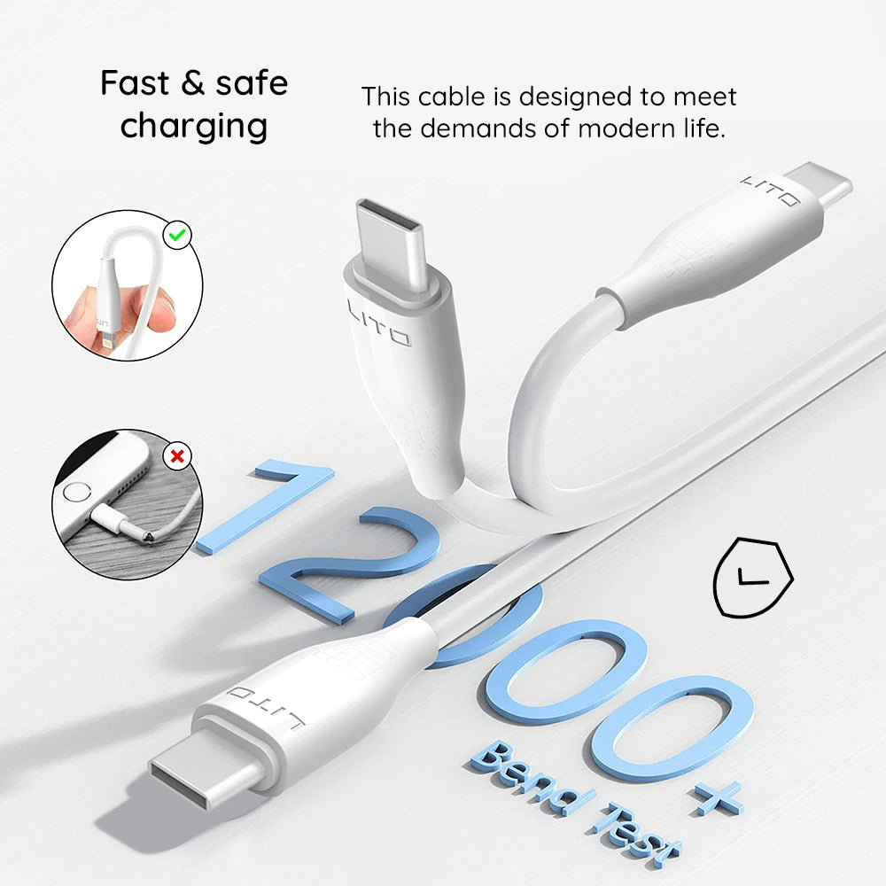 USB-A - USB-C Lito LD03T adat- és töltőkábel, 18W, 1m, Fehér