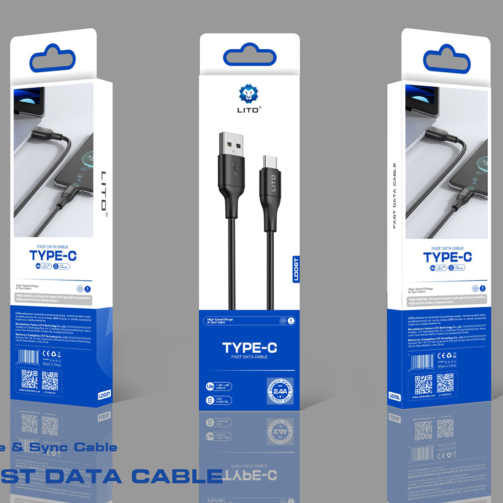 USB-A - USB-C Lito LD06T adat- és töltőkábel, 18W, 1m, Fekete