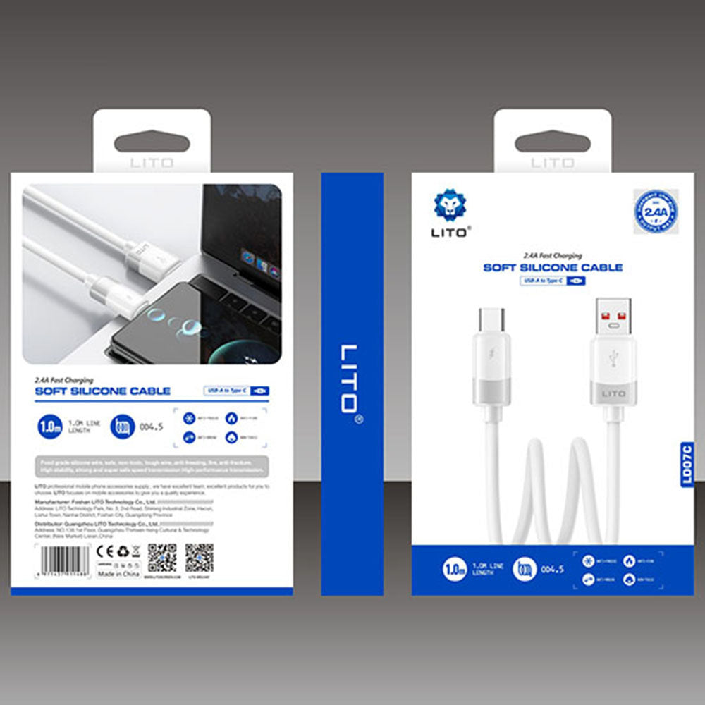 USB-A - USB-C Lito LD07 adat- és töltőkábel, 18W, 1m, Fehér