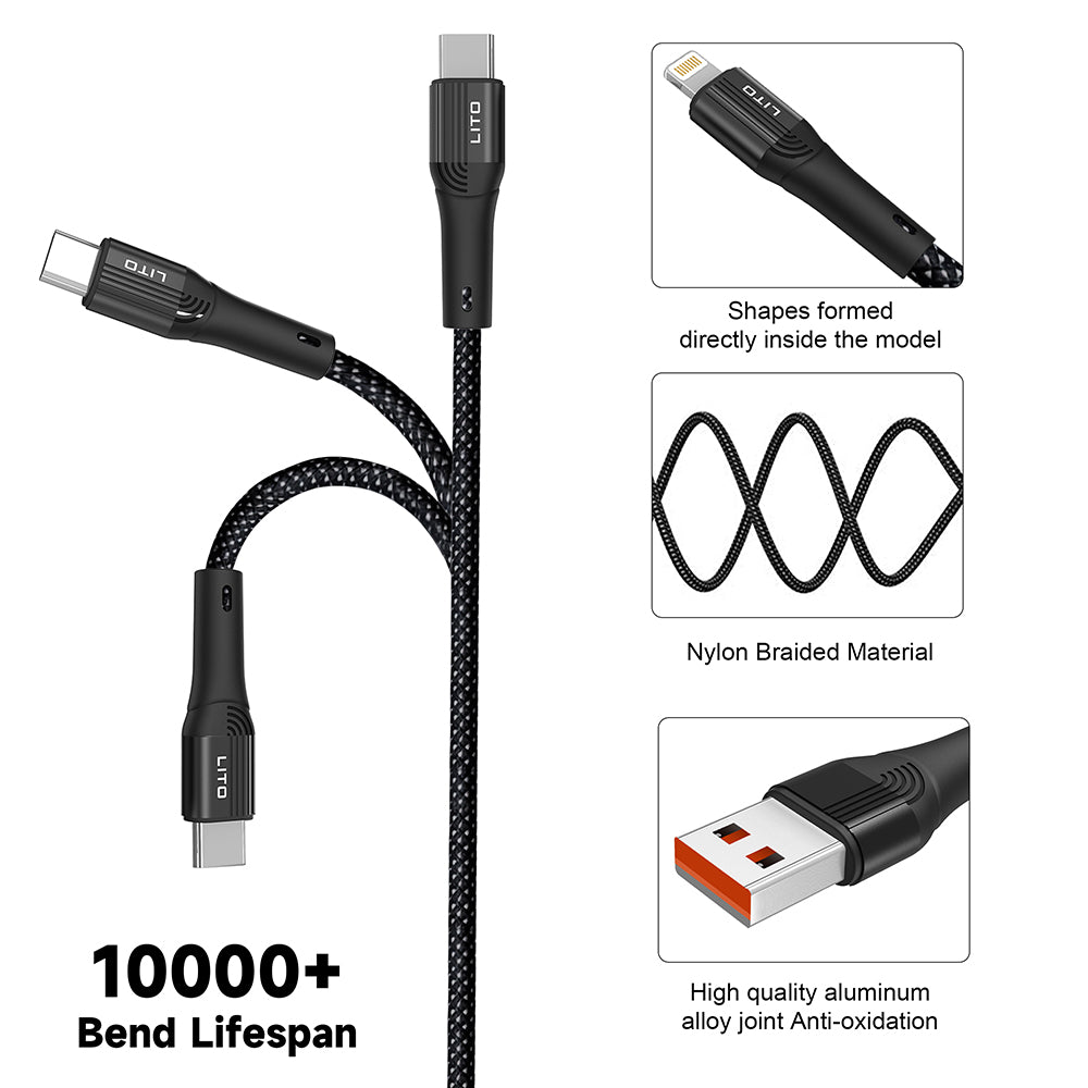 USB-A - USB-C Lito LD14 adat- és töltőkábel, 60W, 1m, Fekete