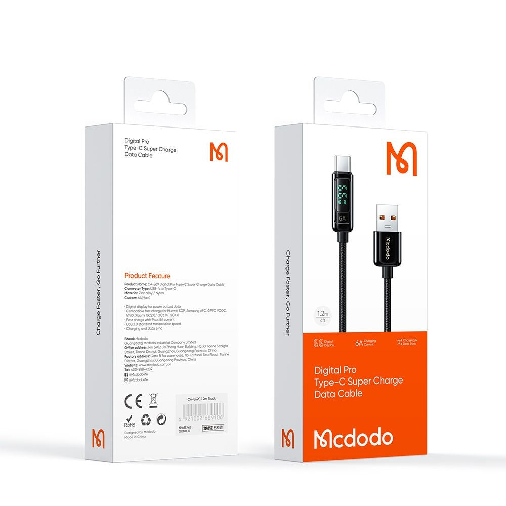 USB-A - USB-C McDodo CA-8690 Display adat- és töltőkábel, 66W, 1.2m, Fekete