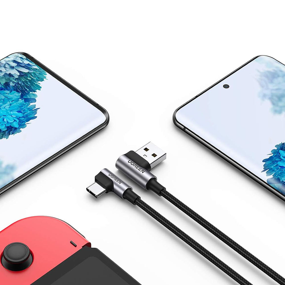 USB-A - USB-C UGREEN US176 Angled adat- és töltőkábel, 18W, 3m, szürke