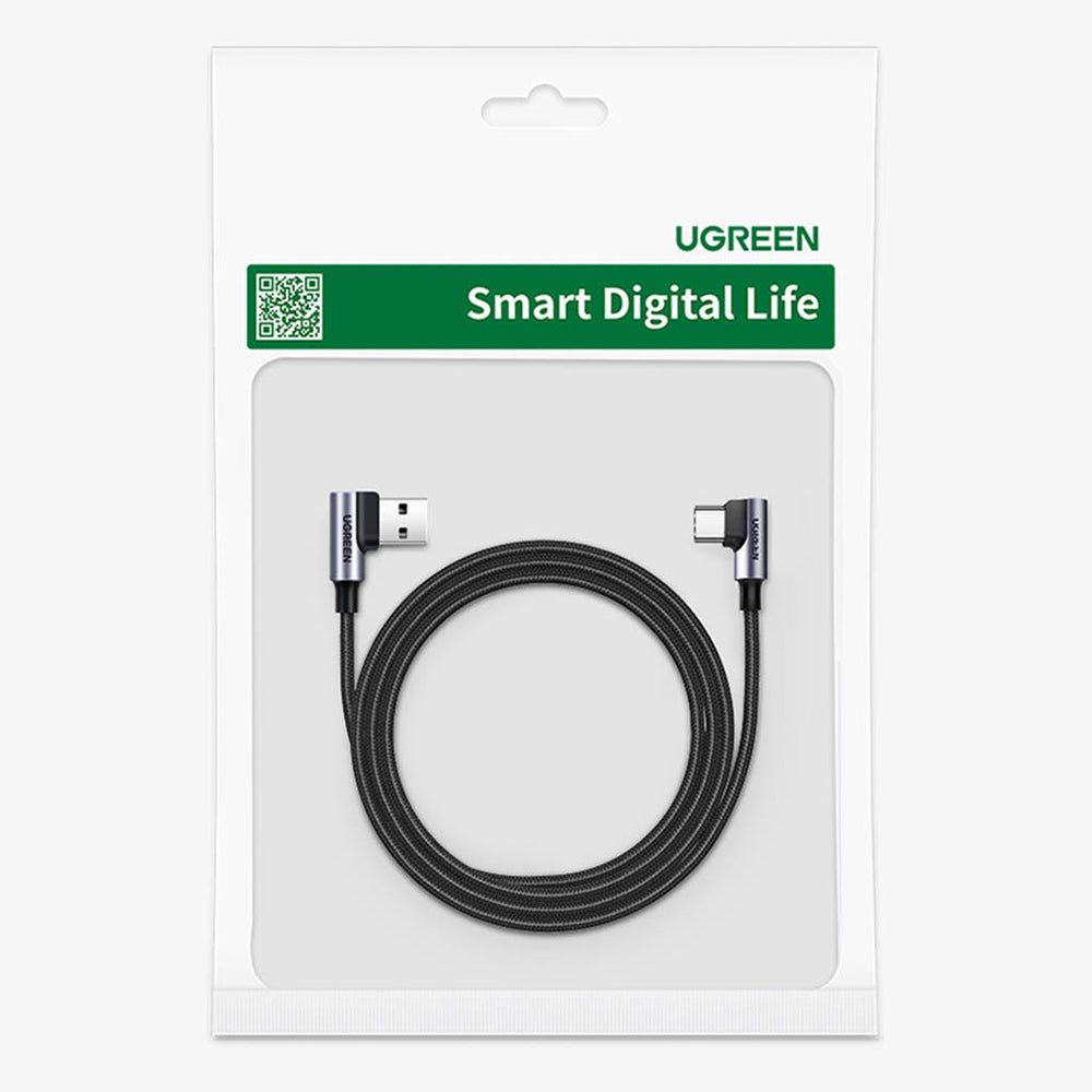 USB-A - USB-C UGREEN US176 Angled adat- és töltőkábel, 18W, 3m, szürke