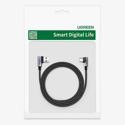 USB-A - USB-C UGREEN US176 Angled adat- és töltőkábel, 18W, 3m, szürke