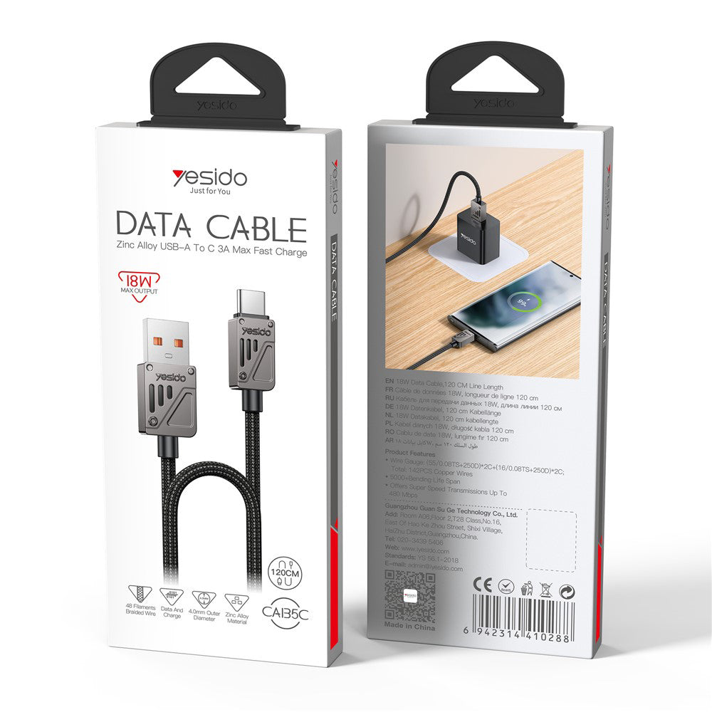 USB-A - USB-C Yesido CA135C adat- és töltőkábel, 18W, 1.2m, Fekete