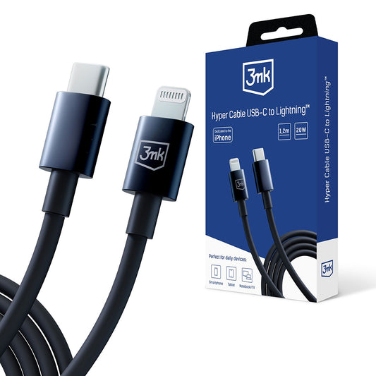 USB-C - Lightning 3MK Hyper adat- és töltőkábel, 20W, 1.2m, Fekete
