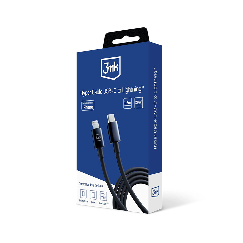 USB-C - Lightning 3MK Hyper adat- és töltőkábel, 20W, 1.2m, Fekete