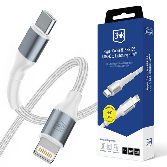 USB-C - Lightning 3MK Hyper N adat- és töltőkábel, 20W, 1m, fehér