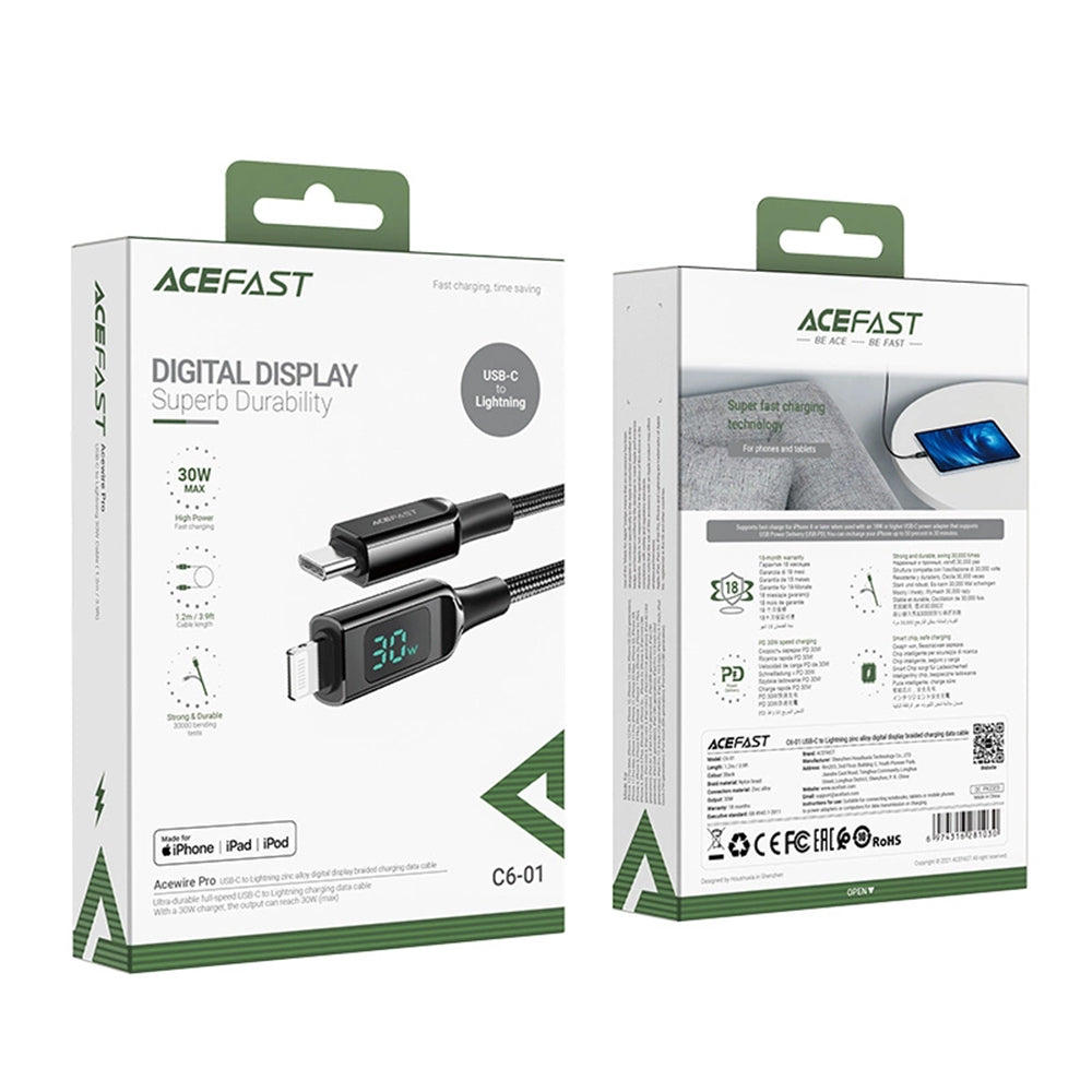 USB-C - Lightning Acefast C6-01 Display adat- és töltőkábel, 20W, 1.2m, Fekete