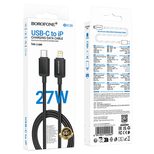 USB-C - Lightning Borofone BX120 Placer adat- és töltőkábel, 27W, 1m, Fekete