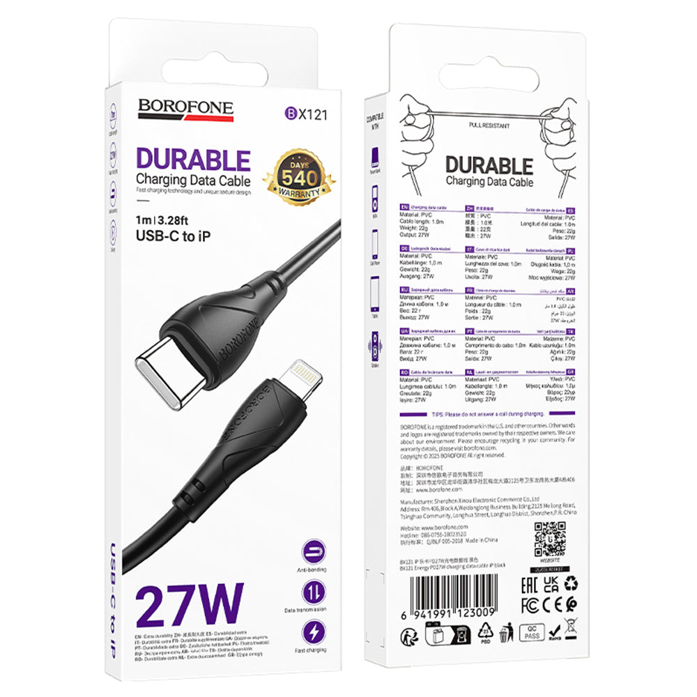 USB-C - Lightning Borofone BX121 Energy adat- és töltőkábel, 27W, 1m, Fekete