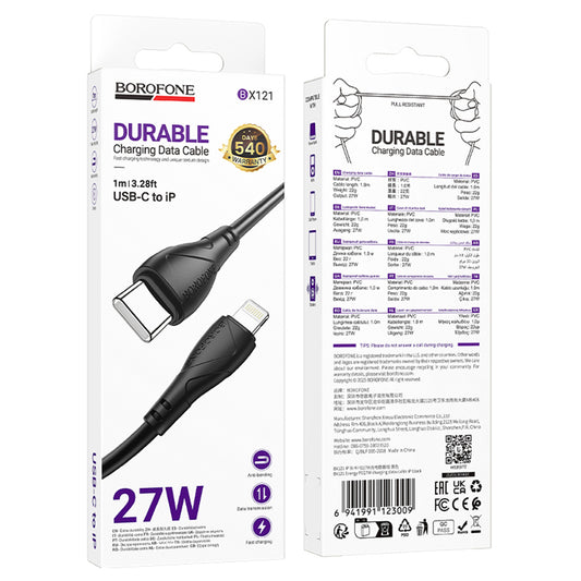 USB-C - Lightning Borofone BX121 Energy adat- és töltőkábel, 27W, 1m, Fekete