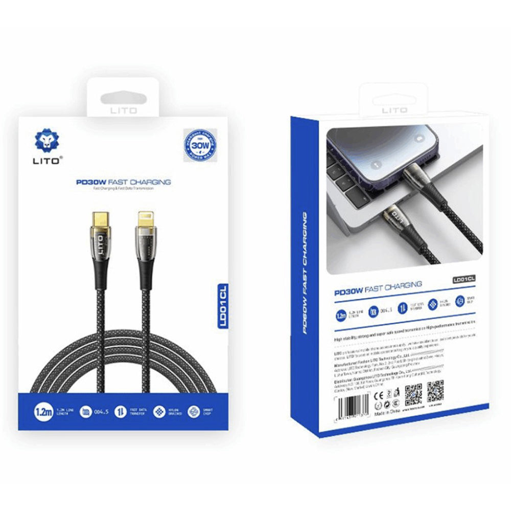 USB-C - Lightning Lito LD01 adat- és töltőkábel, 27W, 1.2m, Fekete