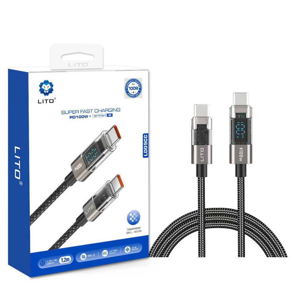 USB-C - USB-C Lito LD09CC Display adat- és töltőkábel, 100W, 1.2m, Fekete