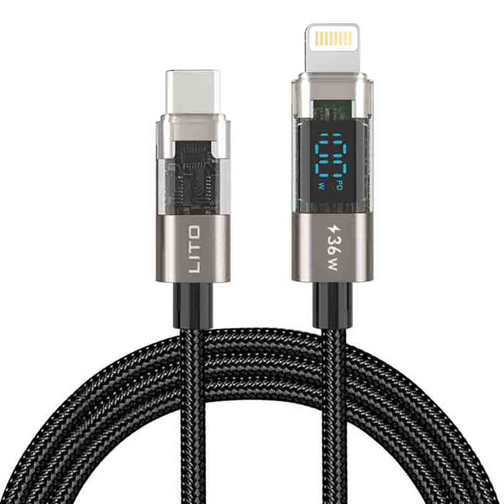USB-C - Lightning Lito LD09CL Display adat- és töltőkábel, 36W, 1.2m, Fekete