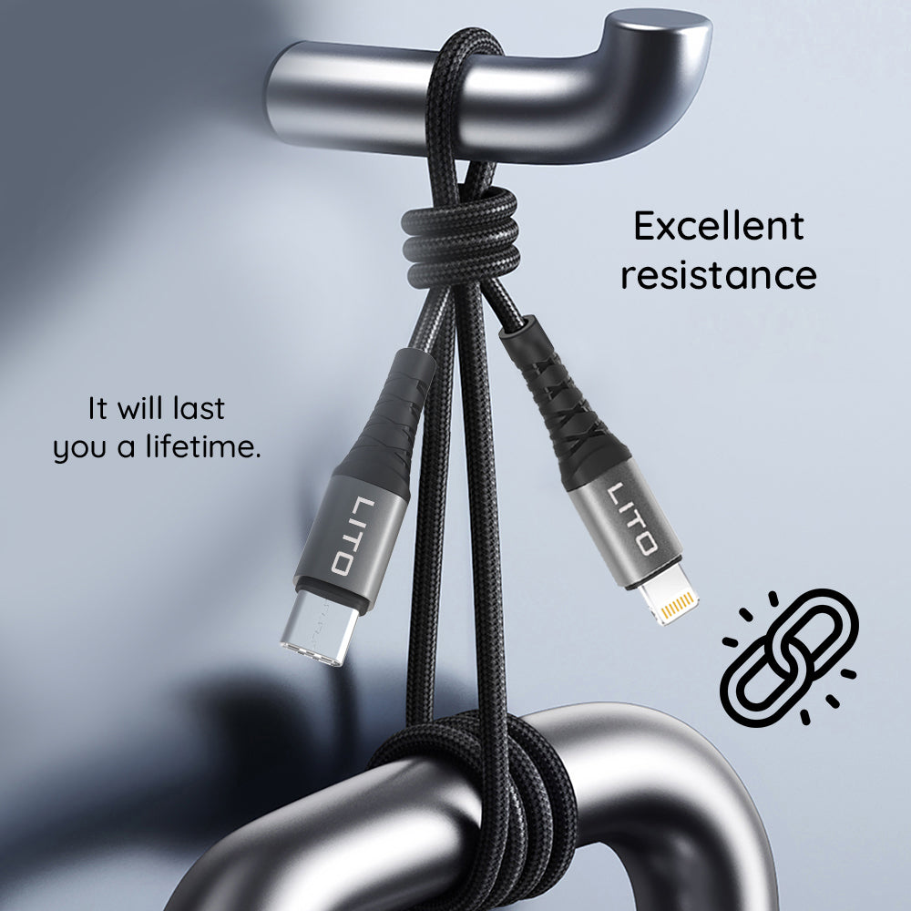 USB-C - Lightning Lito LD22CL adat- és töltőkábel, 27W, 2m, Fekete