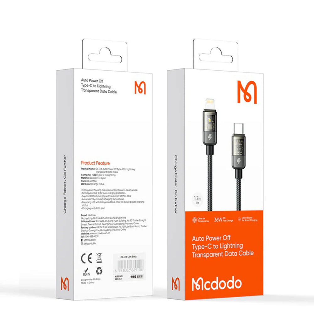 USB-C - Lightning McDodo CA-3160 Auto Power Off adat- és töltőkábel, 36W, 1.2m, Fekete