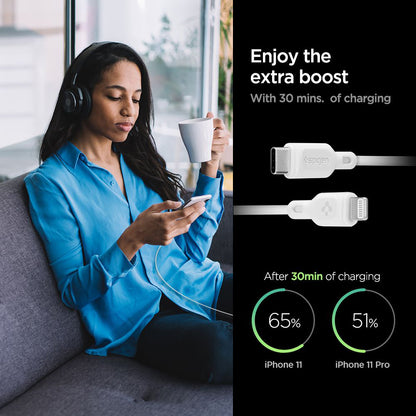 USB-C - Lightning Spigen Durasync adat- és töltőkábel, 20W, 1m, Fehér, 2 darabos készlet