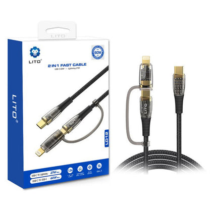 USB-C - Lightning / USB-C Lito LD12 adat- és töltőkábel, 60W, 1.2m, Fekete