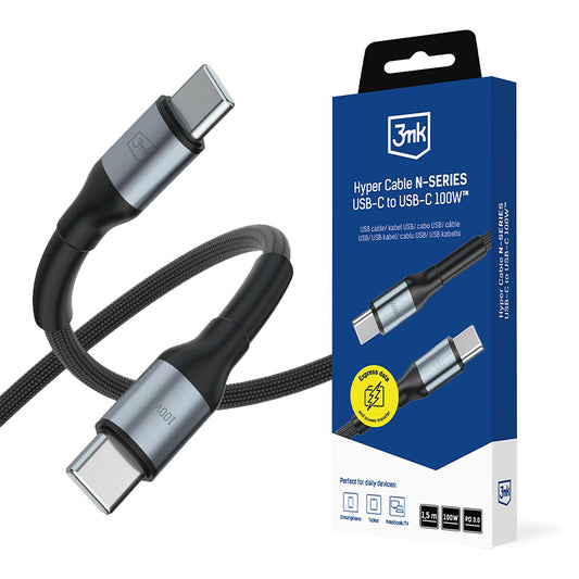 USB-C adat- és töltőkábel - USB-C 3MK Hyper N, 100W, 1,5m, fekete