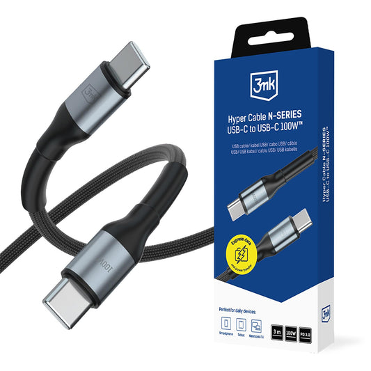 USB-C adat- és töltőkábel - USB-C 3MK Hyper N, 100W, 3m, fekete