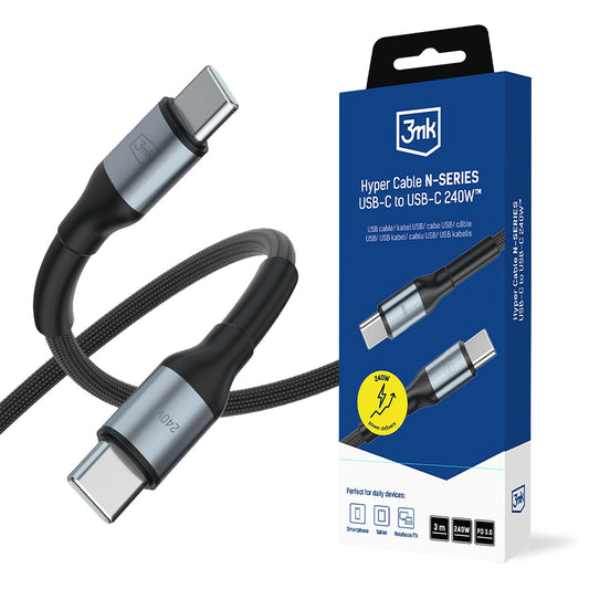 USB-C adat- és töltőkábel - USB-C 3MK Hyper N Thunderbolt 4, 240W, 3m, fekete