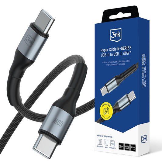 USB-C adat- és töltőkábel - USB-C 3MK Hyper N, 60W, 0,5 m, fekete