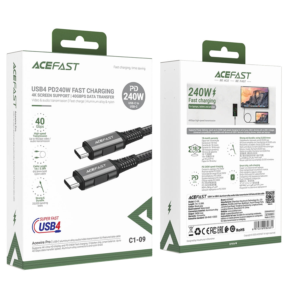 USB-C - USB-C Acefast C1-09 adat- és töltőkábel, 240W, 1m, szürke