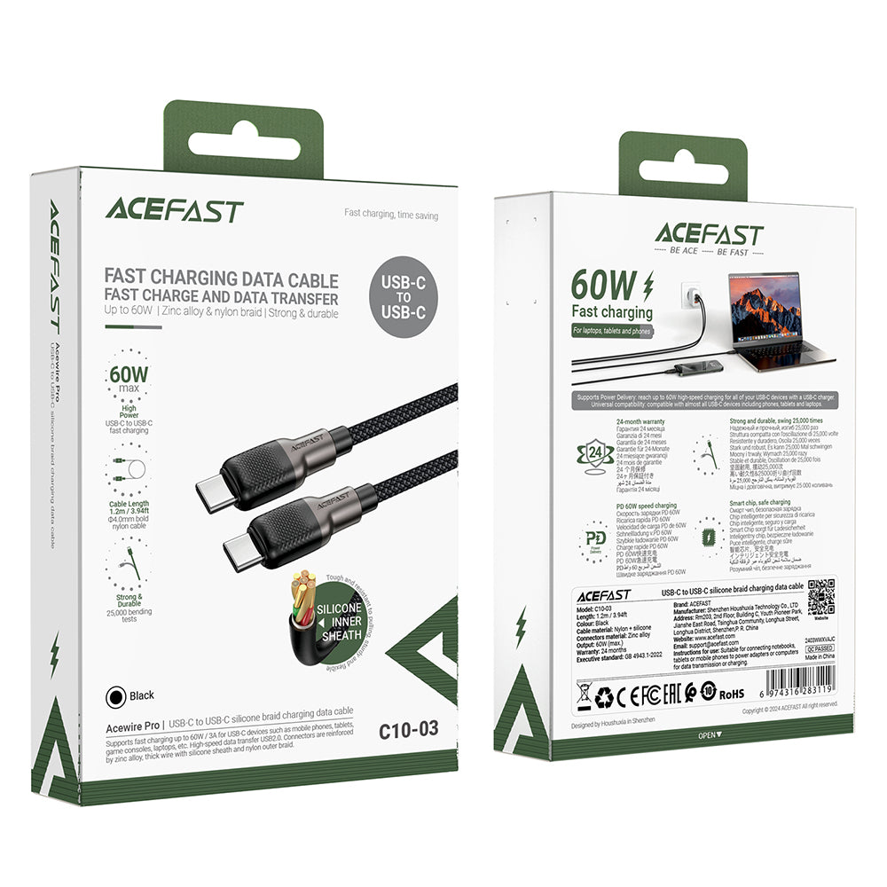 USB-C - USB-C Acefast C10-03 adat- és töltőkábel, 60W, 1.2m, Fekete