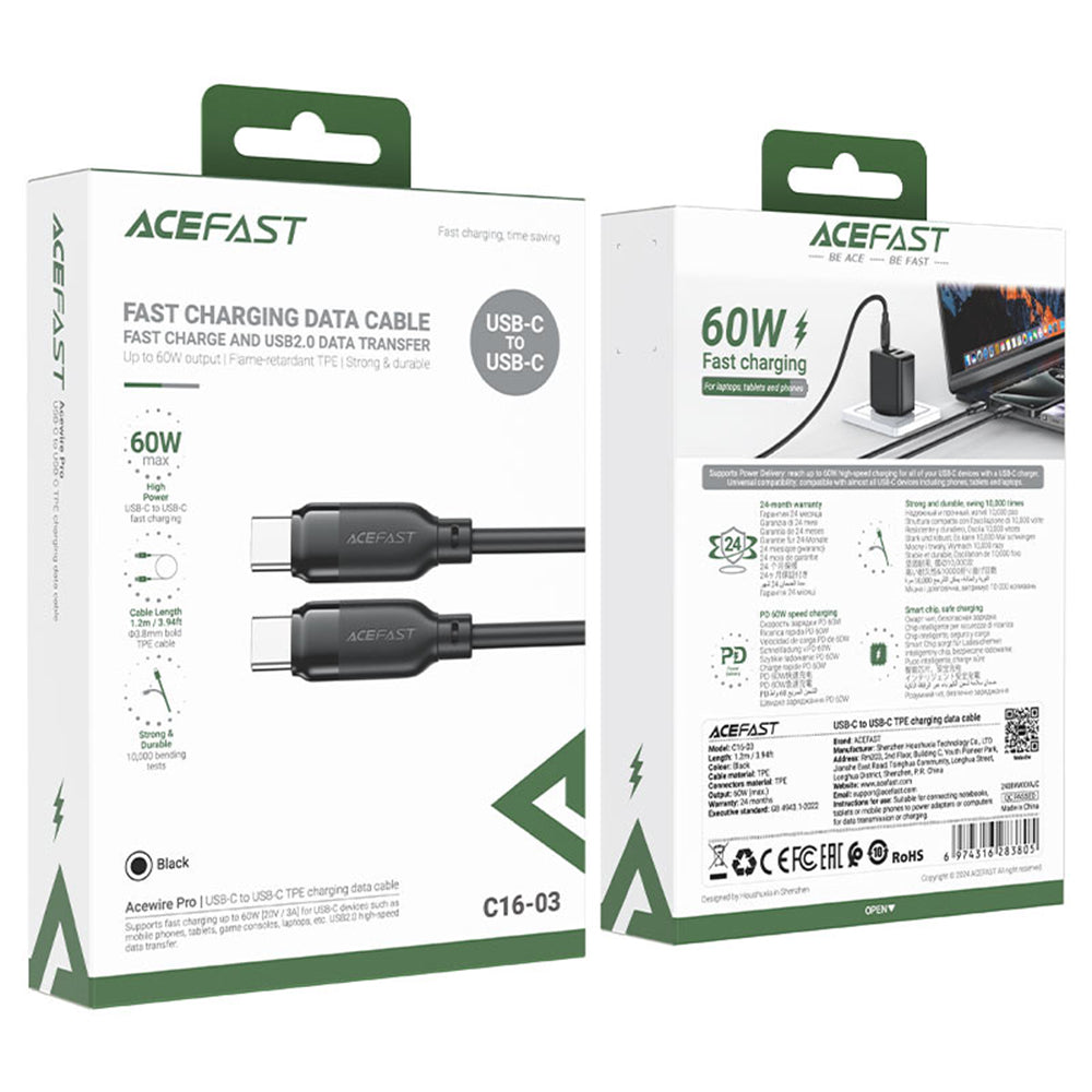 USB-C - USB-C Acefast C16-03 adat- és töltőkábel, 60W, 1.2m, Fekete