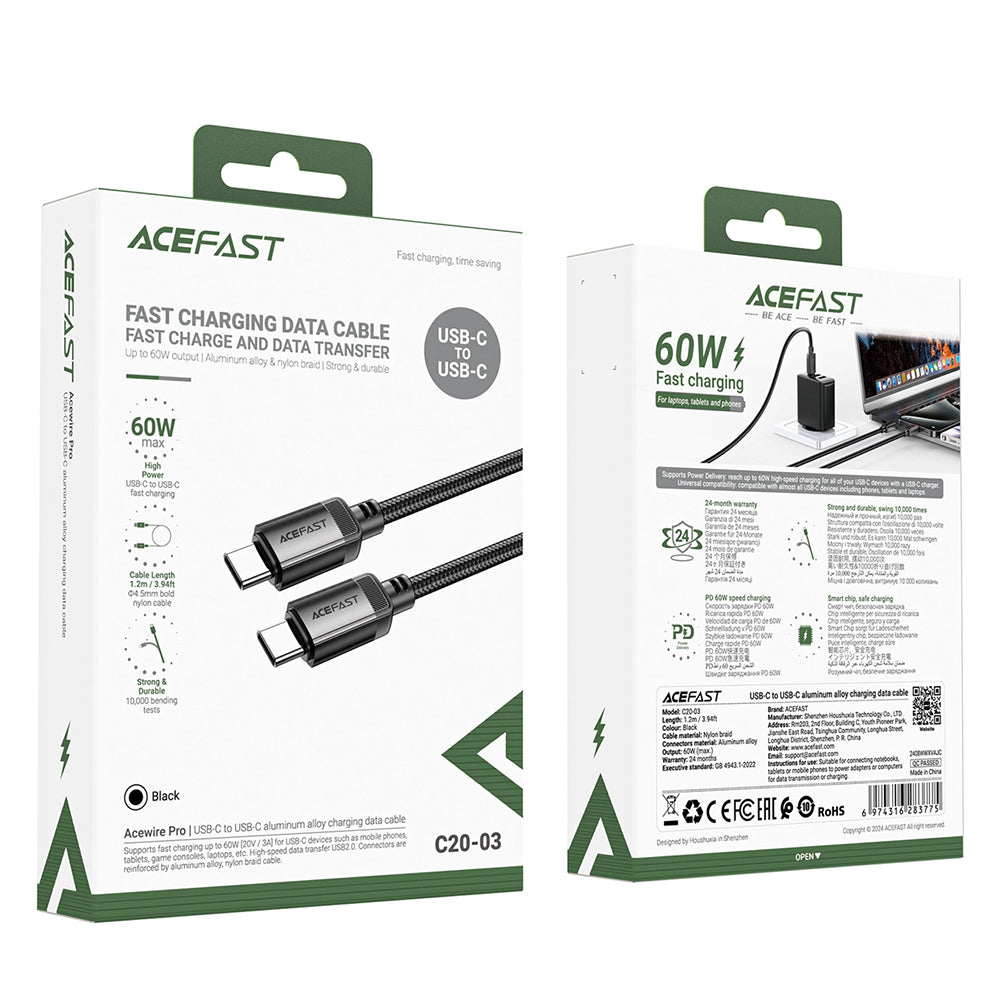 USB-C - USB-C Acefast C20-03 adat- és töltőkábel, 60W, 1.2m, Fekete
