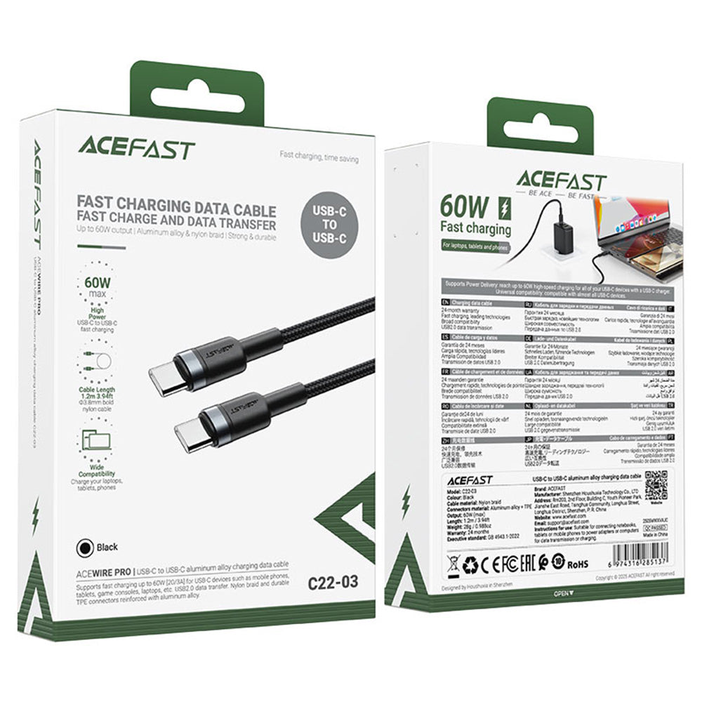 USB-C - USB-C Acefast C22-03 adat- és töltőkábel, 60W, 1.2m, Fekete