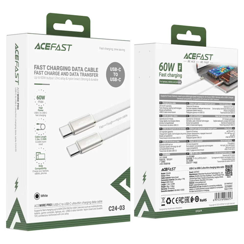 USB-C - USB-C Acefast C24-03 adat- és töltőkábel, 60W, 1.2m, Fehér