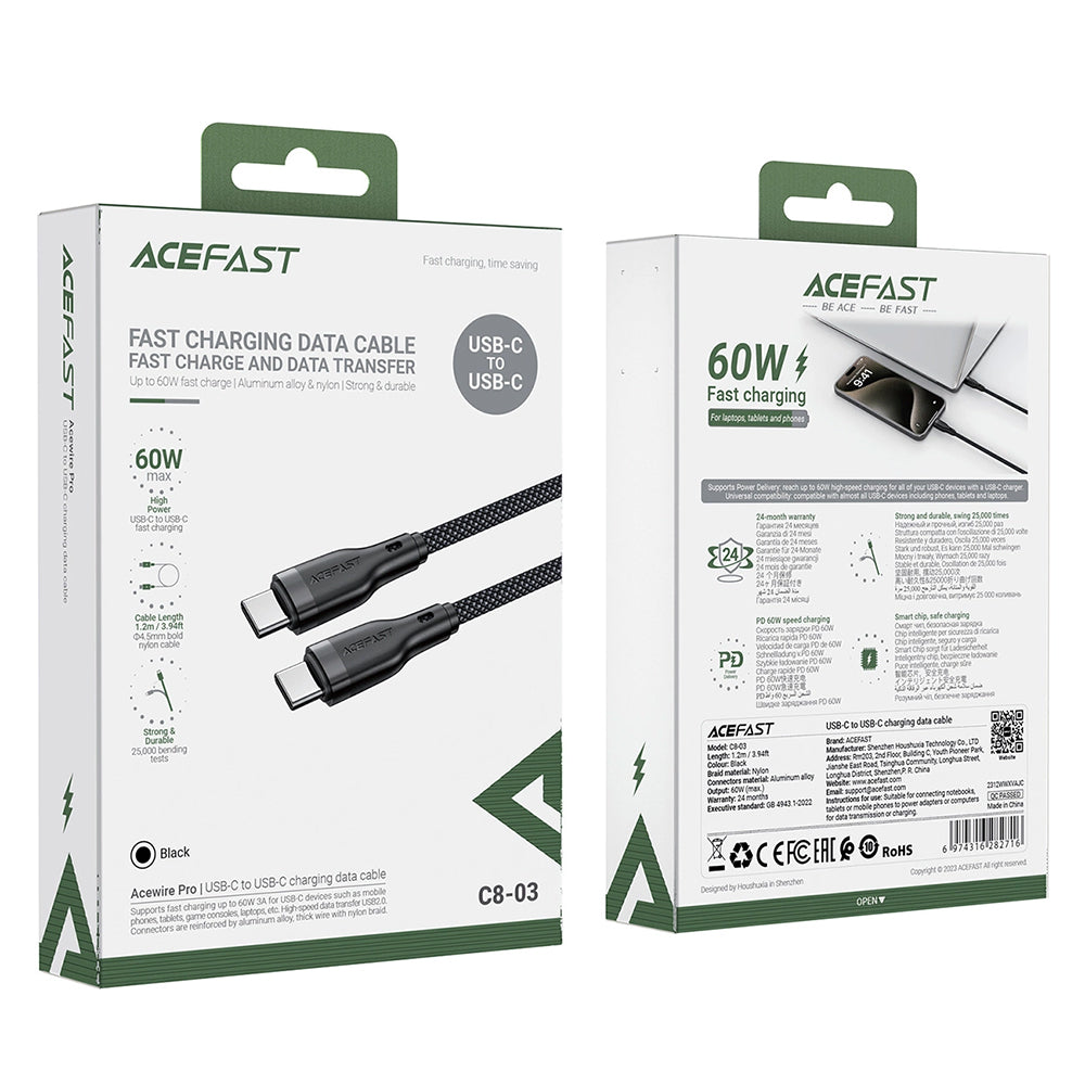 USB-C - USB-C Acefast C8-03 adat- és töltőkábel, 60W, 1.2m, Fekete