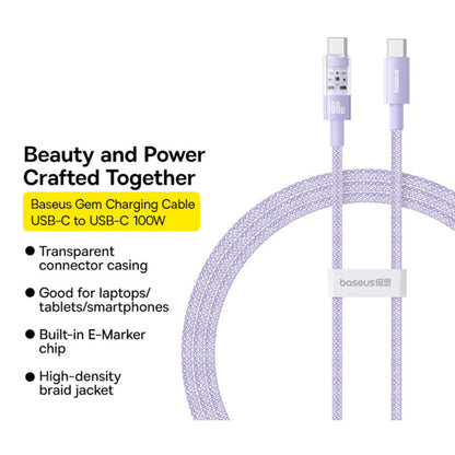 USB-C - USB-C Baseus Gem adat- és töltőkábel, 100W, 1m, Lila P10373000511-00